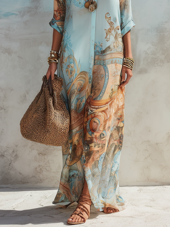 Ophelia - Gestreiftes Hemdblusen-Maxikleid im mediterranen Stil