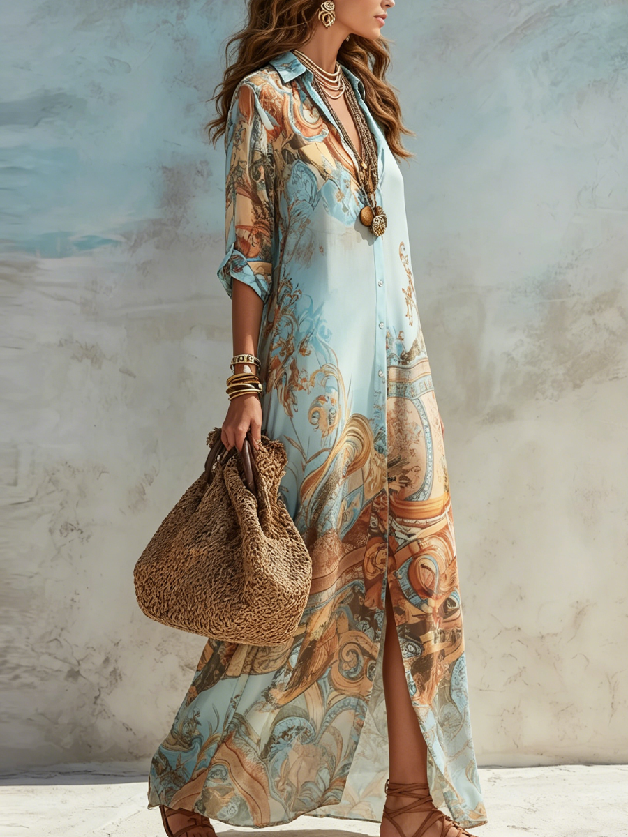 Ophelia - Gestreiftes Hemdblusen-Maxikleid im mediterranen Stil