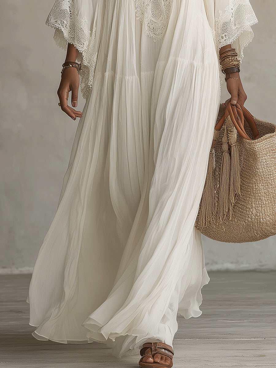 Cailley – Weißes Maxi-Kleid mit V-Ausschnitt