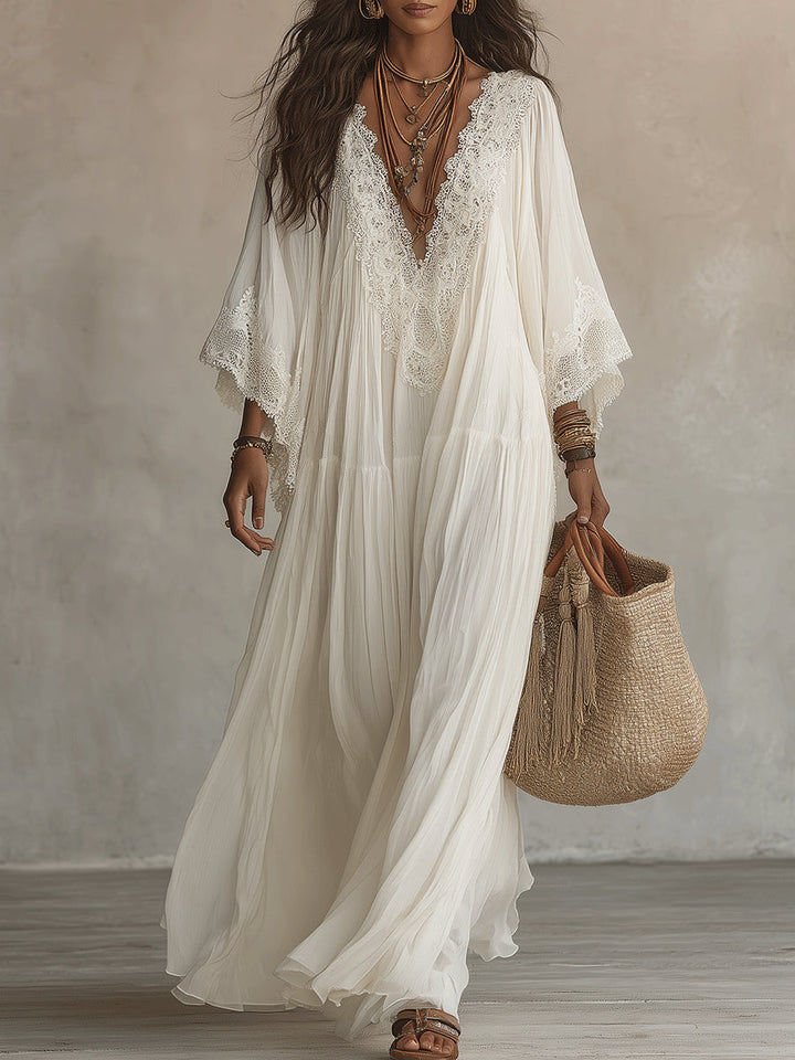Cailley – Weißes Maxi-Kleid mit V-Ausschnitt