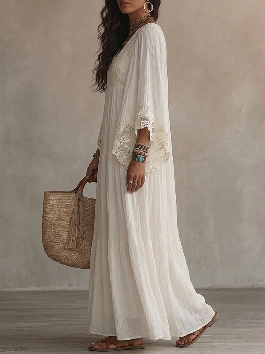 Cailley – Weißes Maxi-Kleid mit V-Ausschnitt