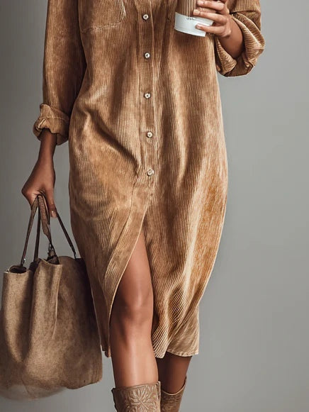 Margarette – Midi-Kleid aus weichem Kord mit Knopfleiste