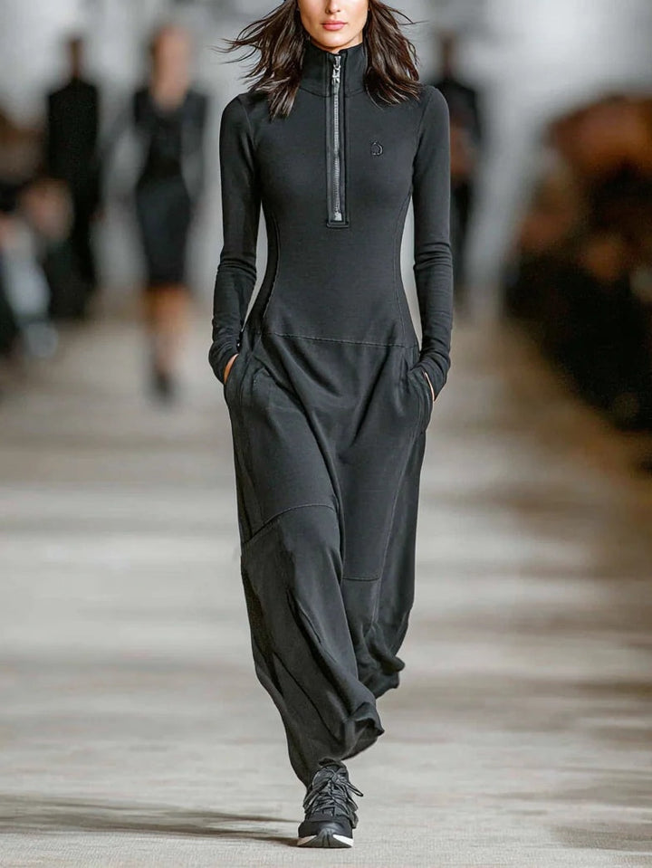 Anelie – Schwarzes Maxikleid mit Rollkragen und Reißverschluss