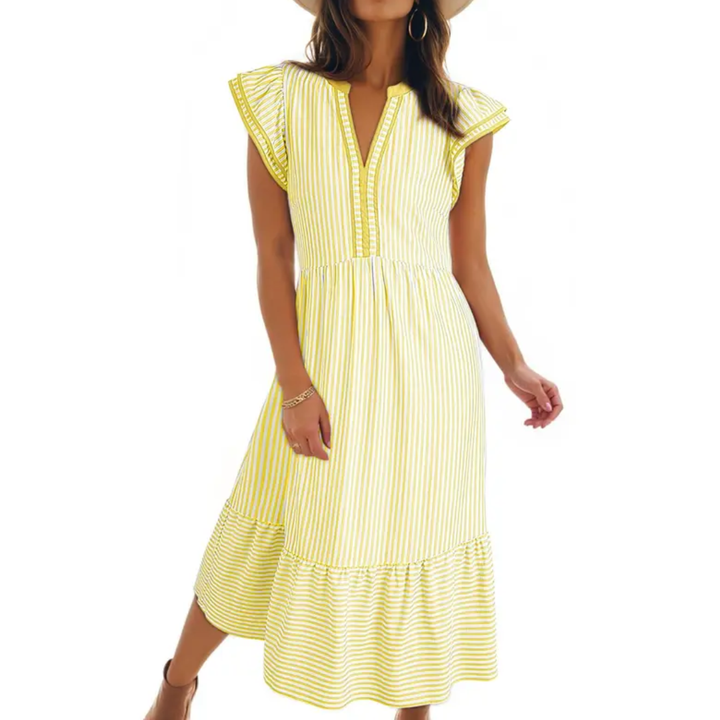 Ruby – Luftiges, gestreiftes Midikleid mit Rüschen