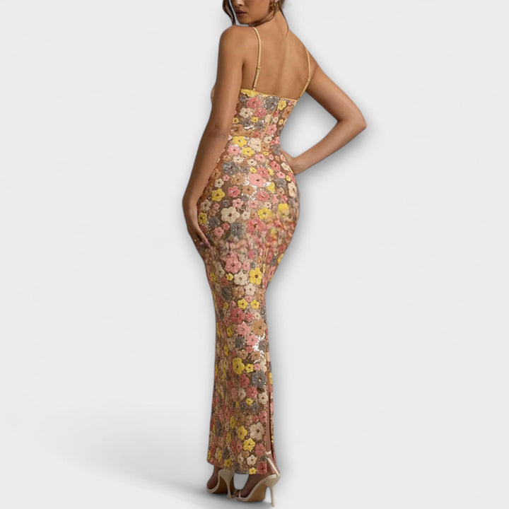 Elaira – Pailletten-Maxikleid mit geschlitztem Saum
