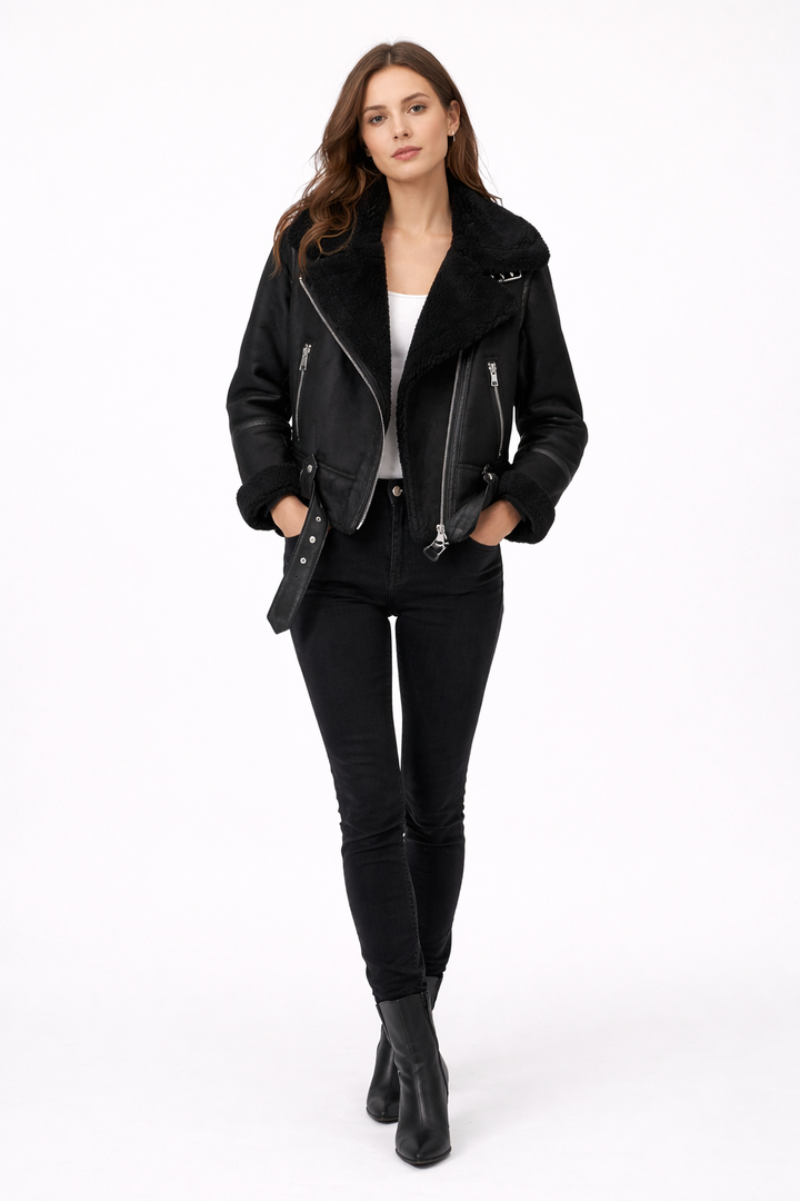 Aurelia – Fliegerjacke aus Veloursleder mit Lammfellbesatz