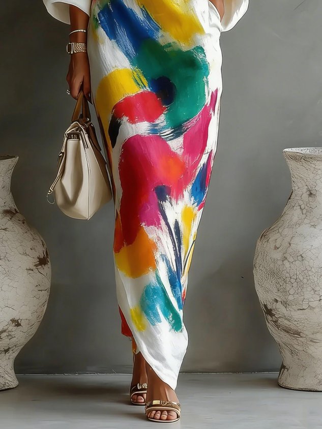 Jinella – Maxikleid mit abstraktem Druck und One-Shoulder-Schnitt