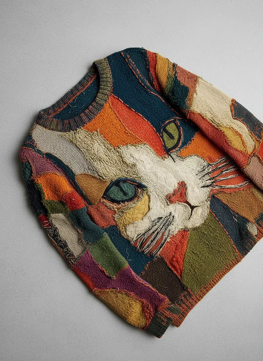 Mica - Künstlerischer Katzen-Patchwork-Pullover