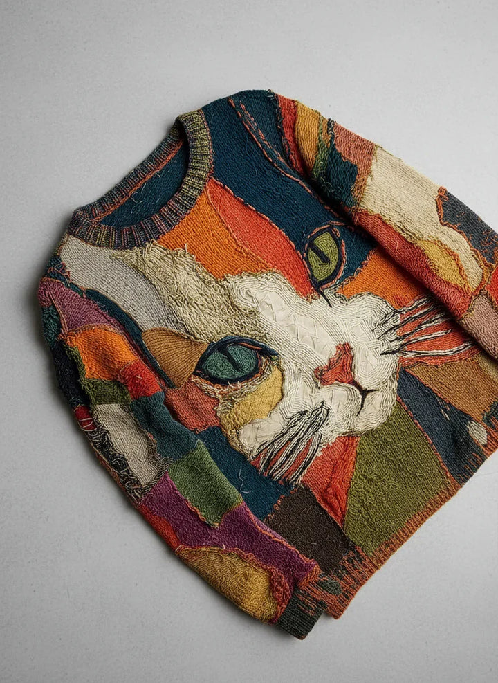 Mica - Künstlerischer Katzen-Patchwork-Pullover