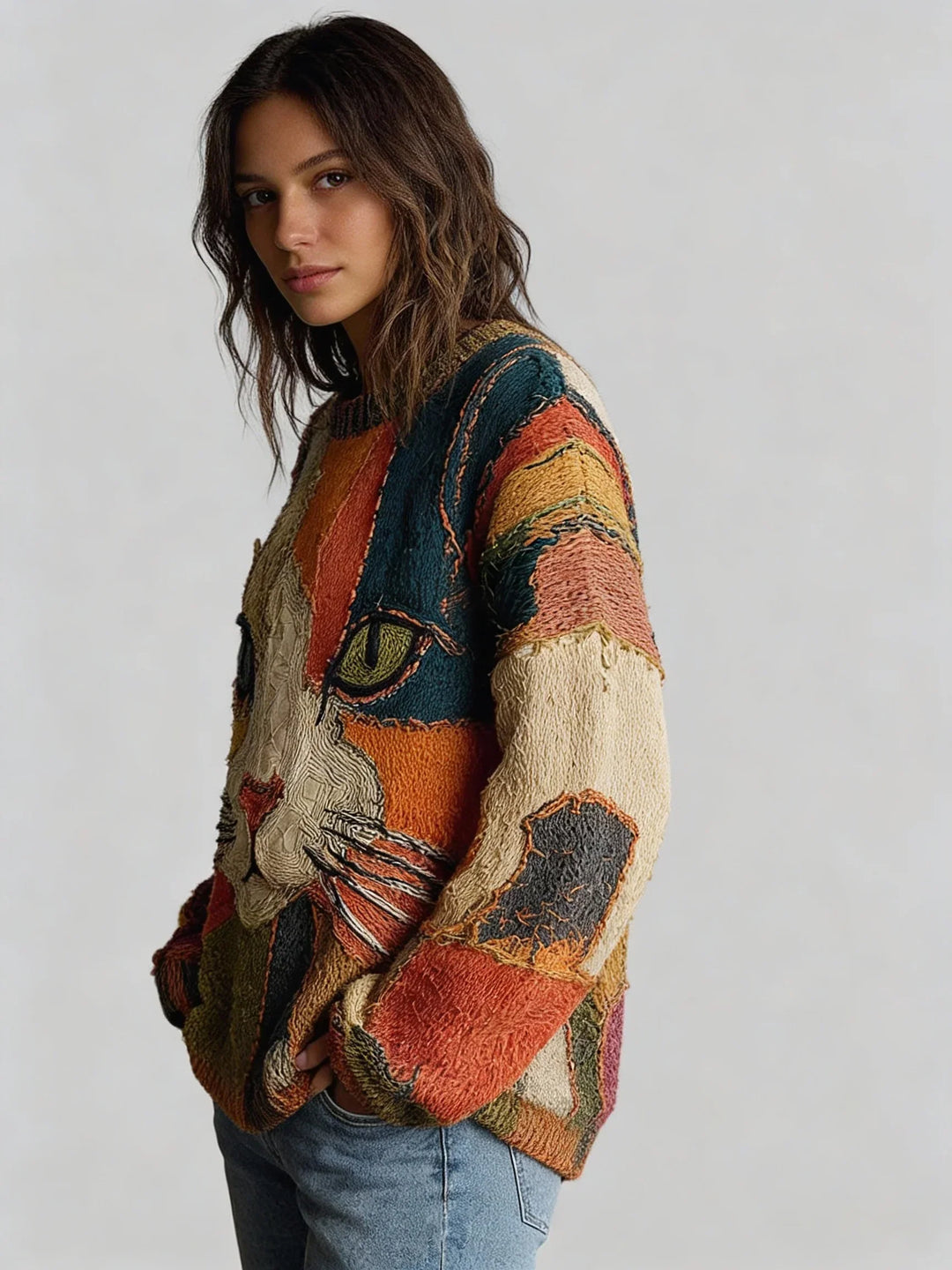 Mica - Künstlerischer Katzen-Patchwork-Pullover