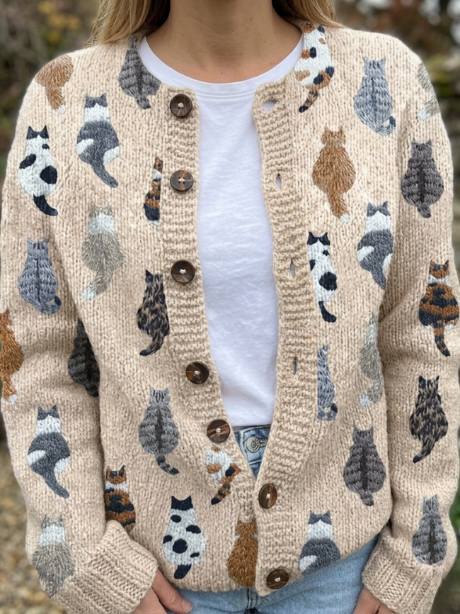Ashy – Strickjacke mit entspanntem Katzen-Print
