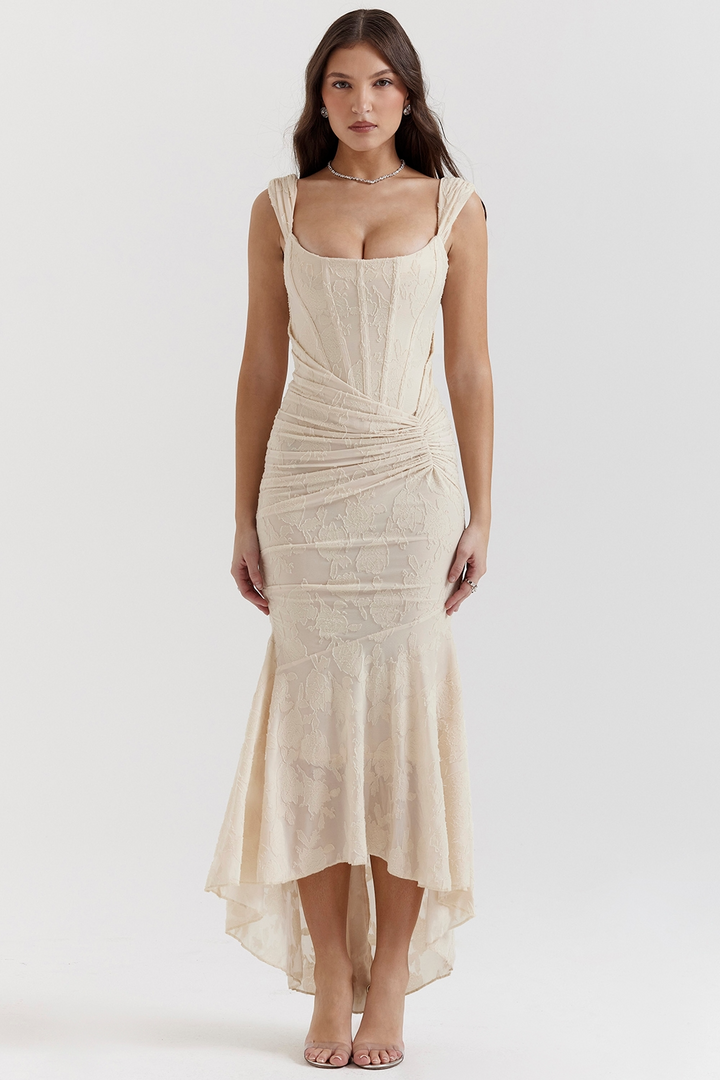 Noemi – Maxi-Kleid aus Spitze mit Drapierung