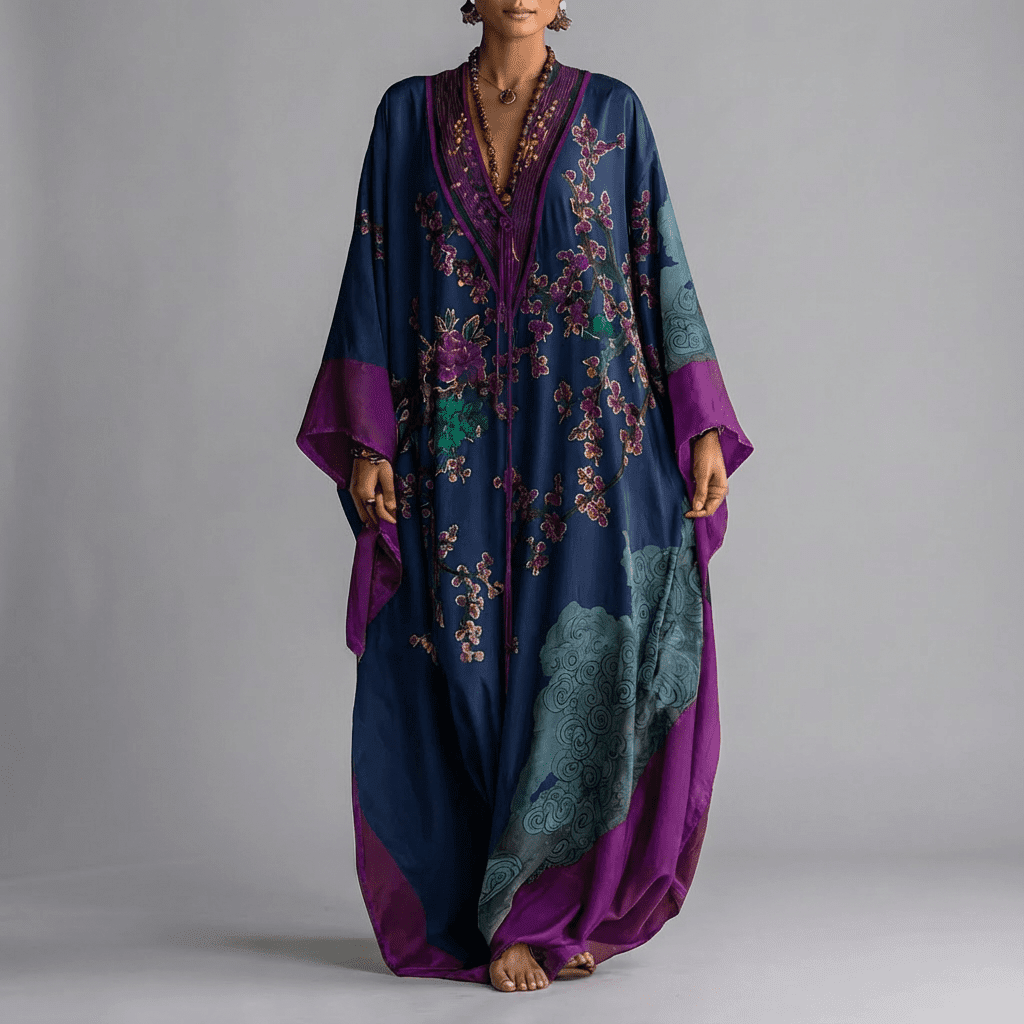 Solenn - Maxikleid mit Fledermausärmeln und Pflaumenblütenmuster