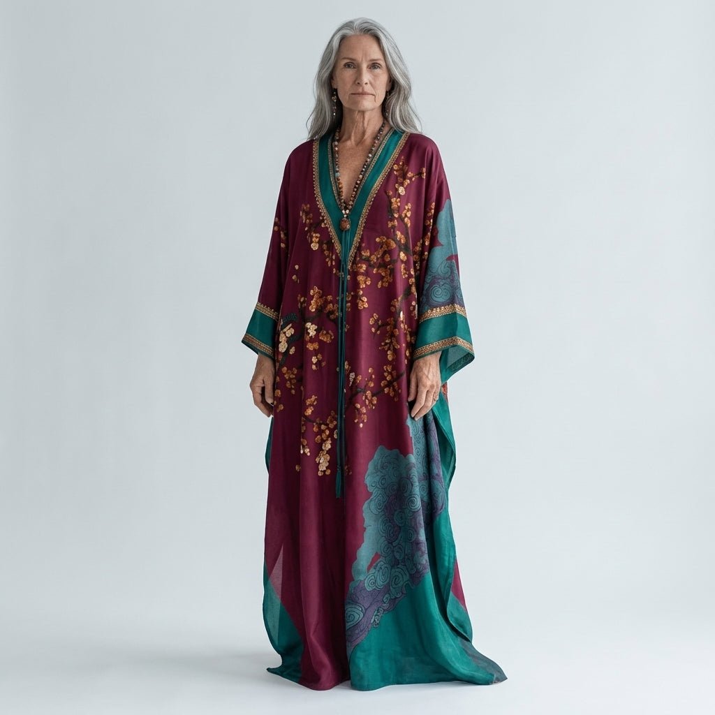 Solenn - Maxikleid mit Fledermausärmeln und Pflaumenblütenmuster