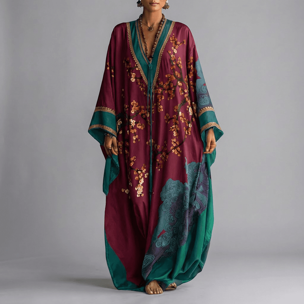 Solenn - Maxikleid mit Fledermausärmeln und Pflaumenblütenmuster
