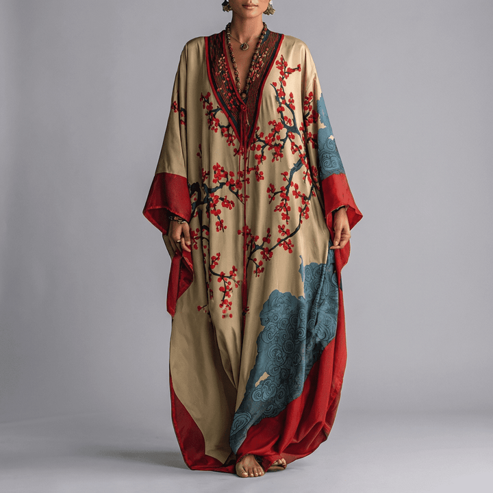 Solenn - Maxikleid mit Fledermausärmeln und Pflaumenblütenmuster