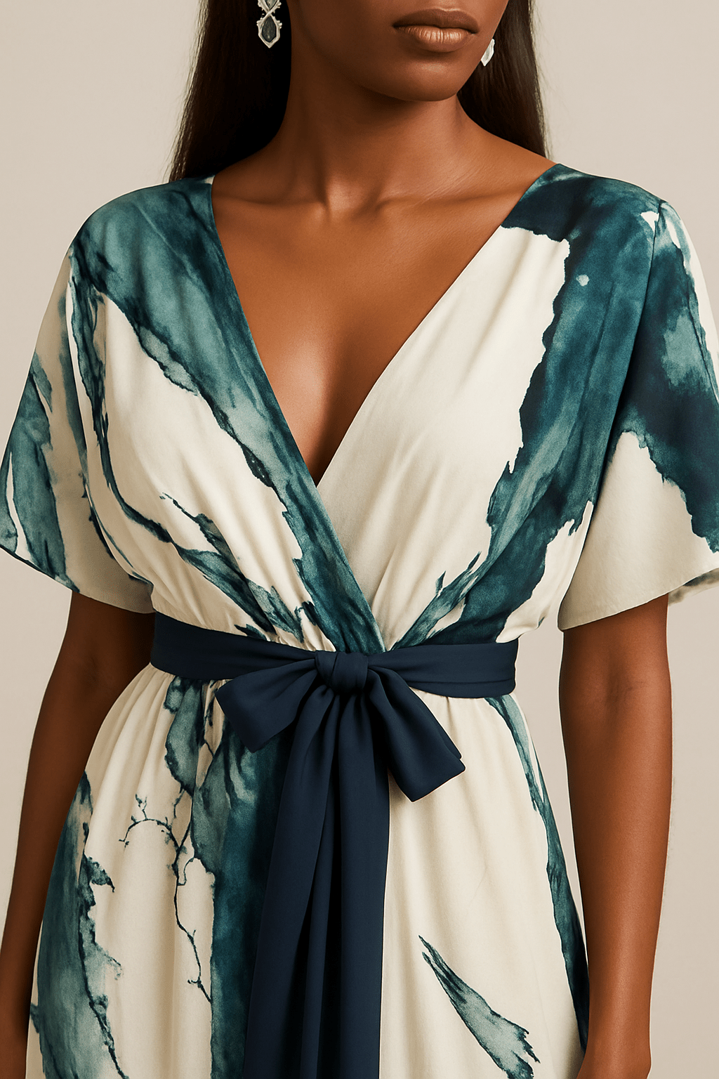 Nikka – Fließendes Maxikleid mit Aquarellmuster und Taillenband