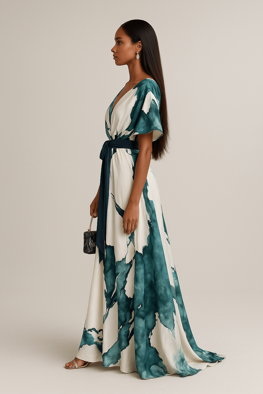 Nikka – Fließendes Maxikleid mit Aquarellmuster und Taillenband