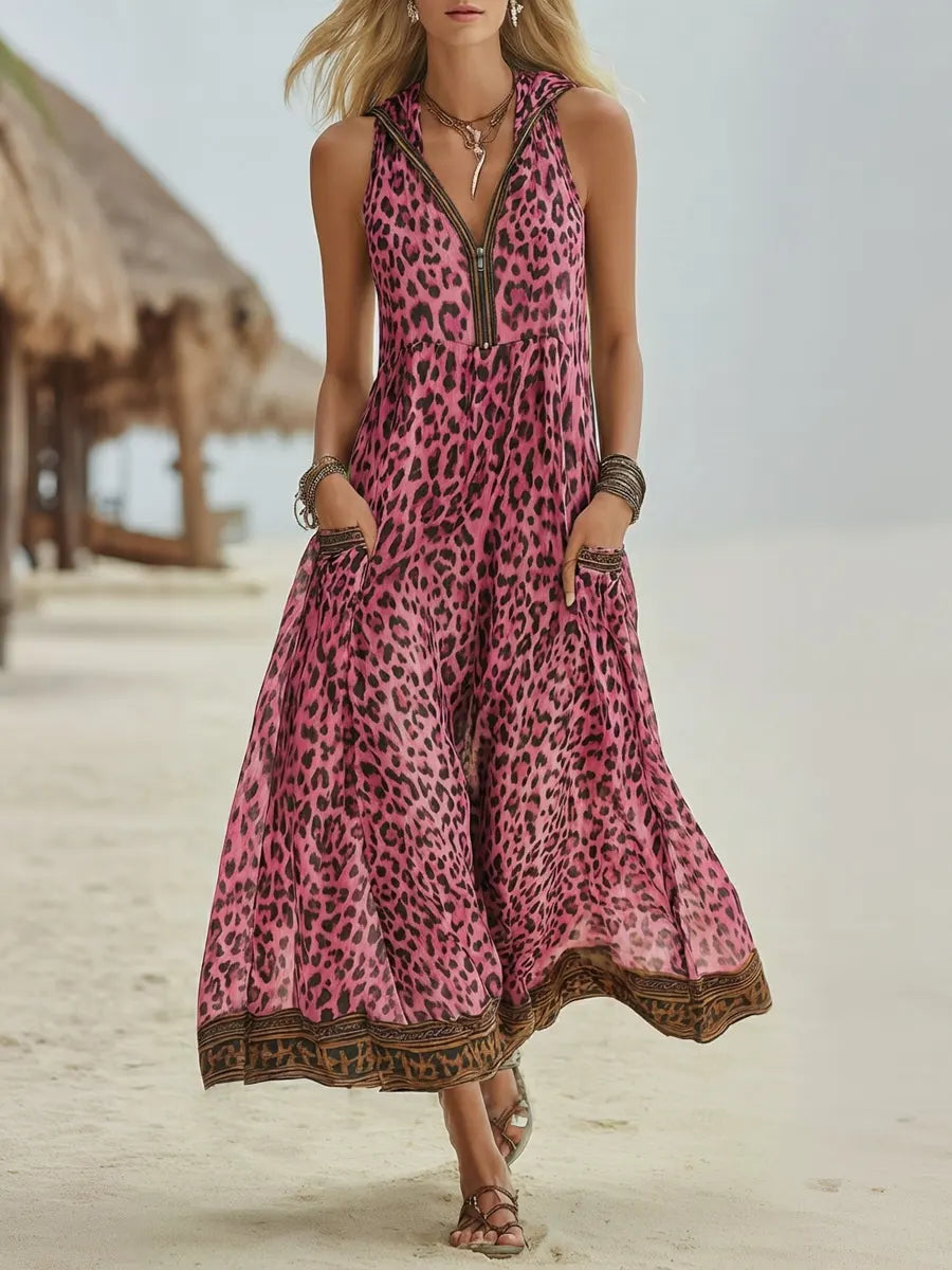 Polly - Midikleid mit Kapuze in grünem Leopardenmuster
