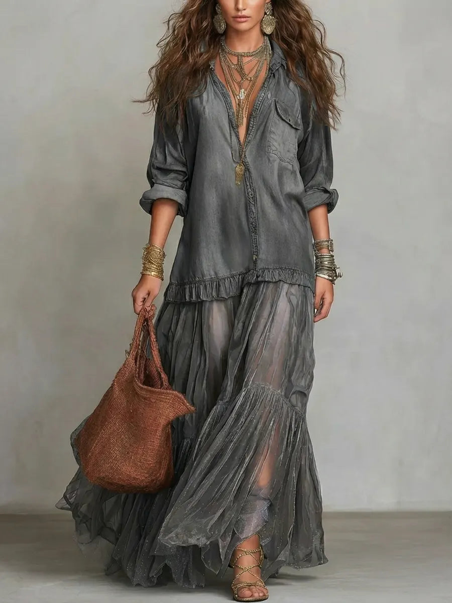 Alene – Maxikleid aus Denim-Patchwork
