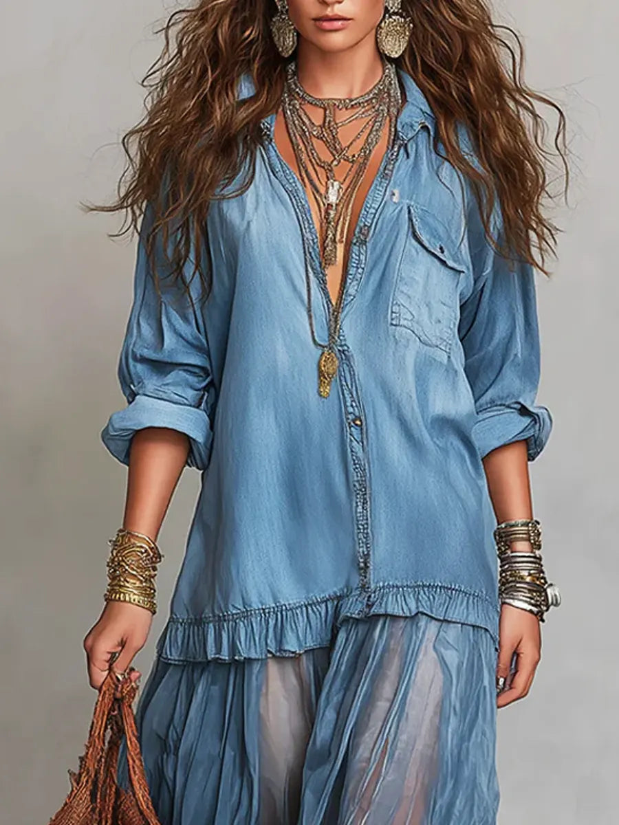 Alene – Maxikleid aus Denim-Patchwork