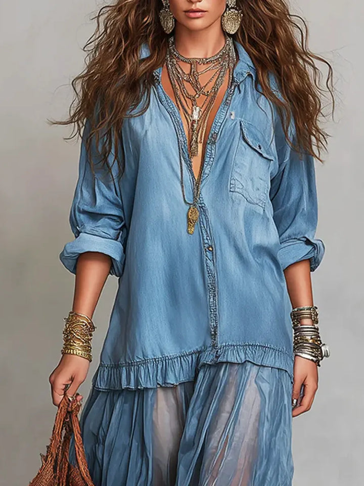 Alene – Maxikleid aus Denim-Patchwork