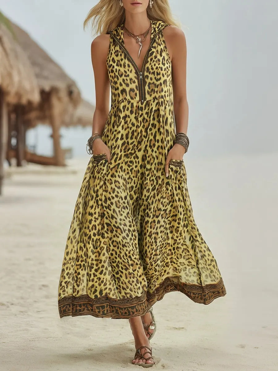 Polly - Midikleid mit Kapuze in grünem Leopardenmuster
