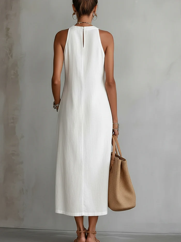 Janina – Midi-Kleid aus Leinen mit Stehkragen