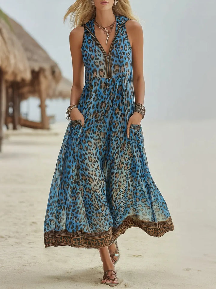 Polly - Midikleid mit Kapuze in grünem Leopardenmuster