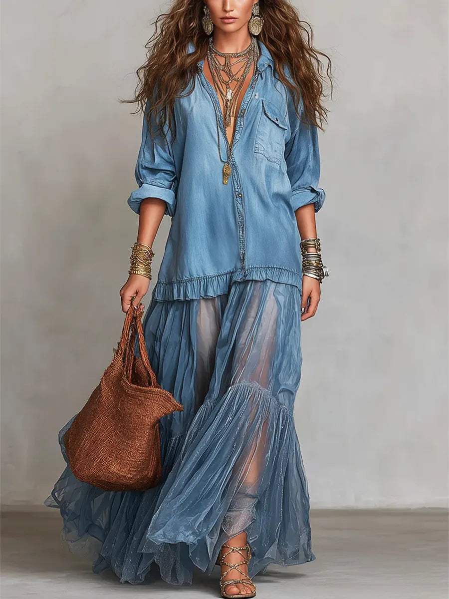 Alene – Maxikleid aus Denim-Patchwork