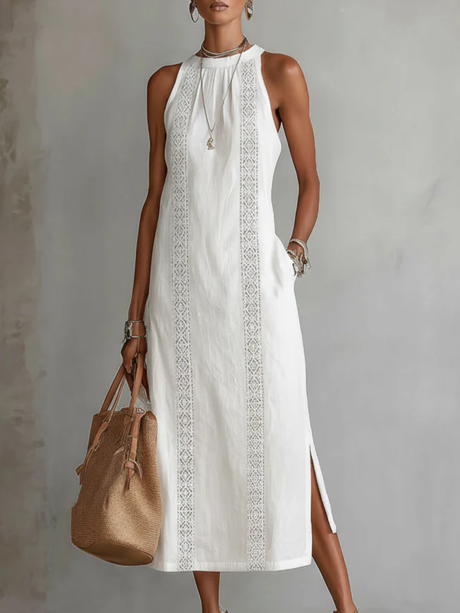 Janina – Midi-Kleid aus Leinen mit Stehkragen