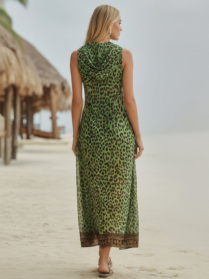 Polly - Midikleid mit Kapuze in grünem Leopardenmuster
