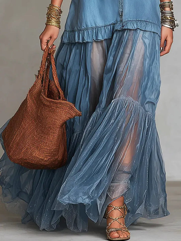 Alene – Maxikleid aus Denim-Patchwork