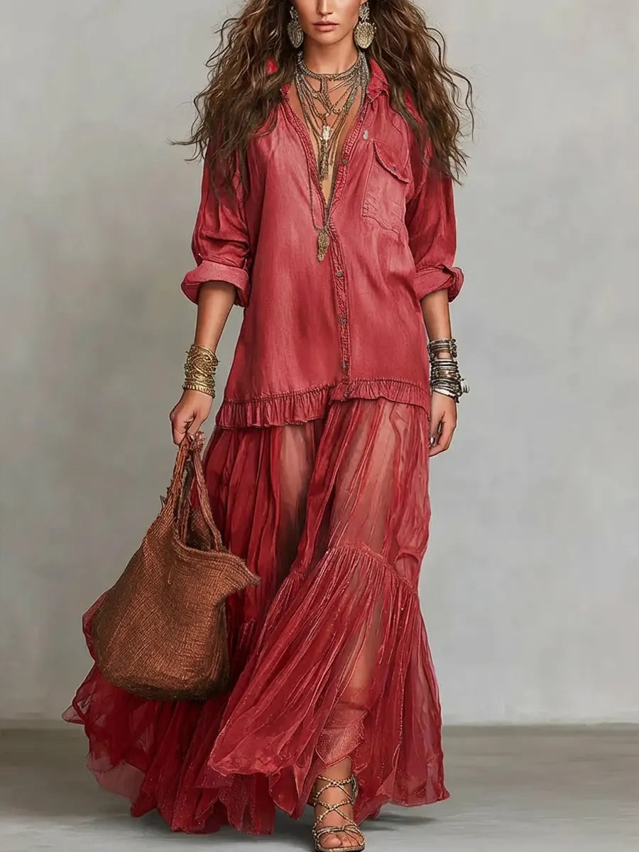 Alene – Maxikleid aus Denim-Patchwork