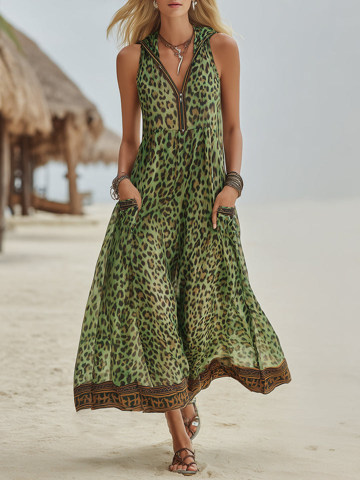 Polly - Midikleid mit Kapuze in grünem Leopardenmuster