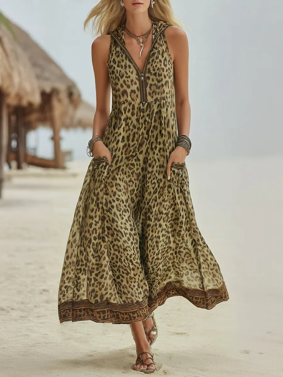 Polly - Midikleid mit Kapuze in grünem Leopardenmuster