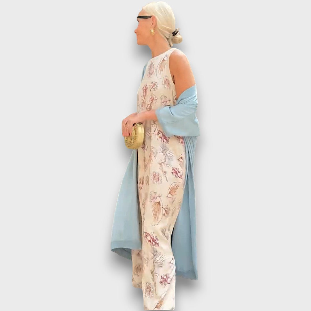 Vera – Fließendes Maxikleid mit Pastell-Cardigan