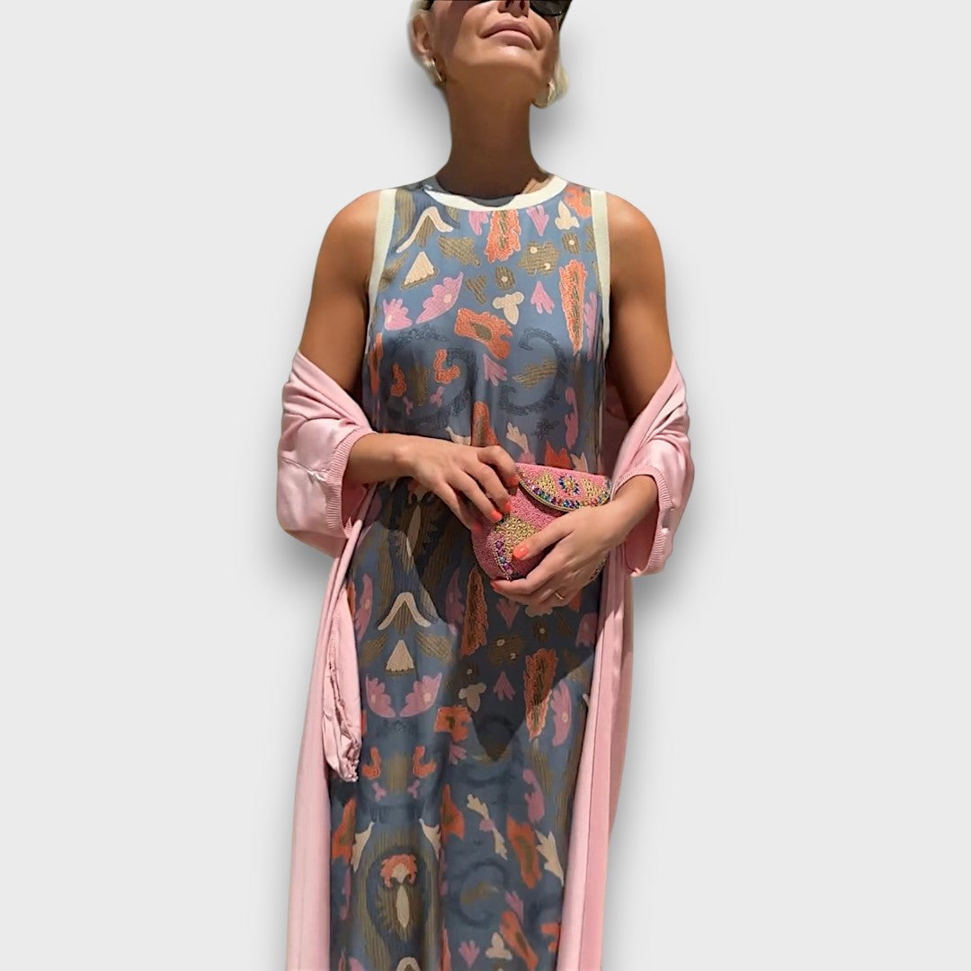 Vera – Fließendes Maxikleid mit Pastell-Cardigan