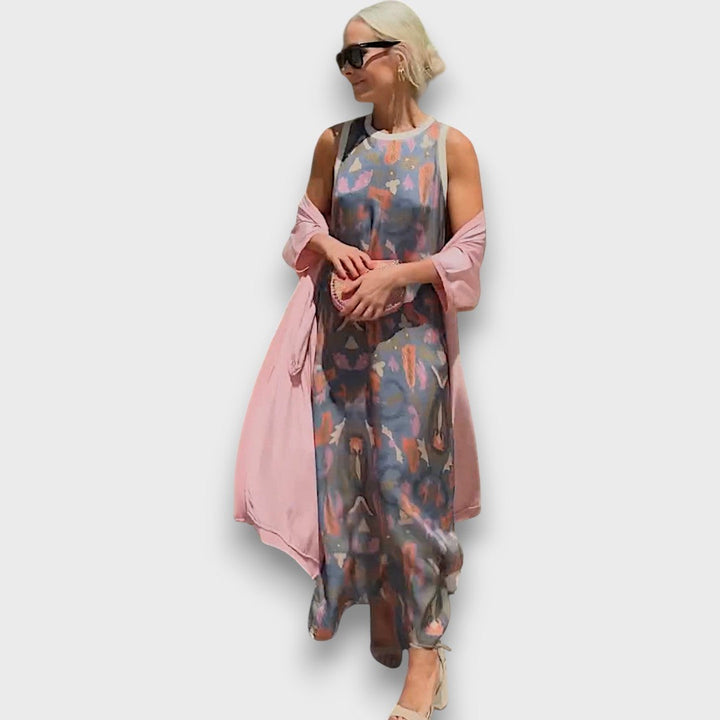Vera – Fließendes Maxikleid mit Pastell-Cardigan