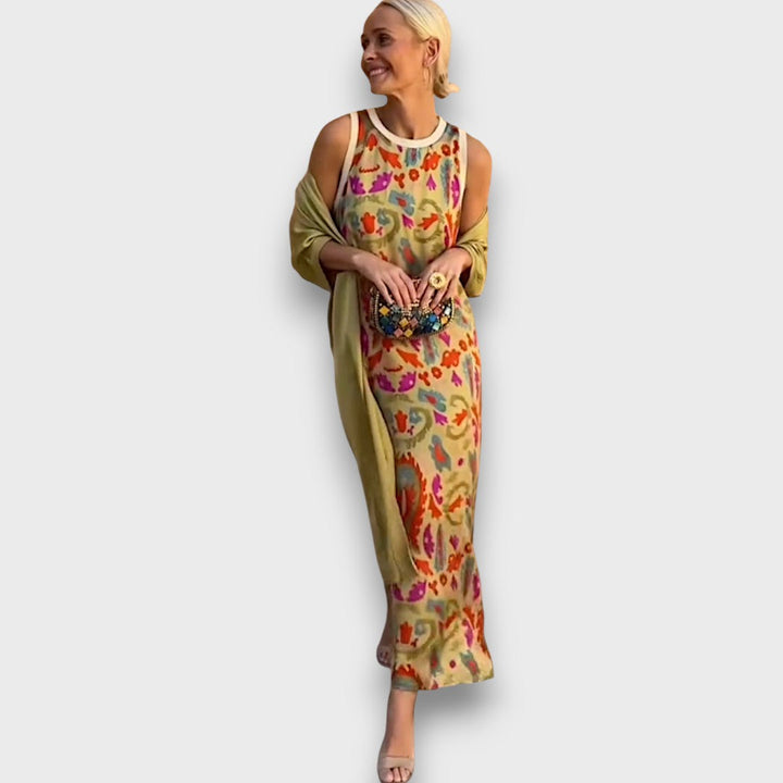 Vera – Fließendes Maxikleid mit Pastell-Cardigan