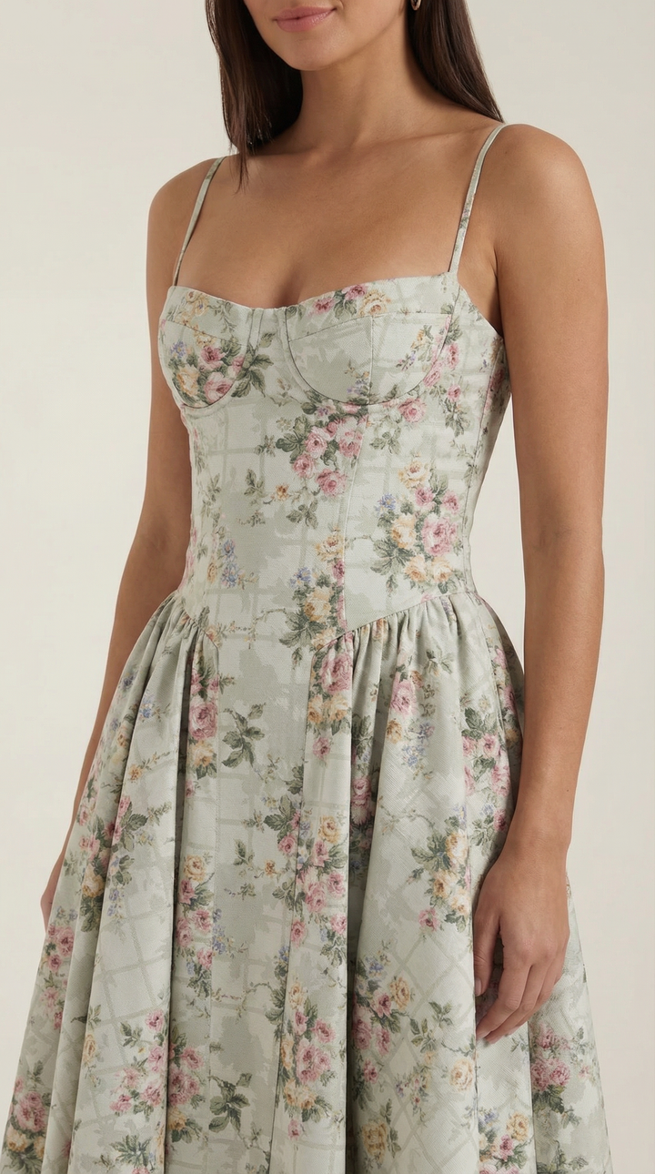 Patrice – Midikleid mit Blumenmuster und Korsett-Design