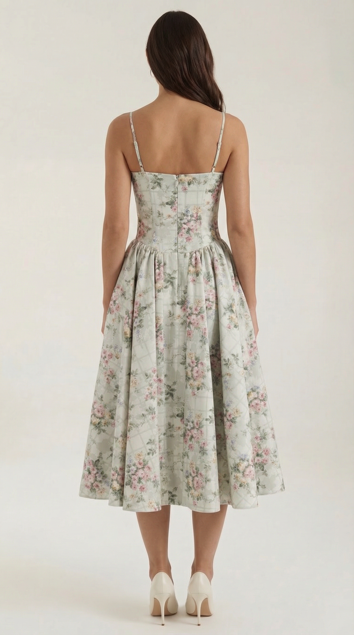 Patrice – Midikleid mit Blumenmuster und Korsett-Design