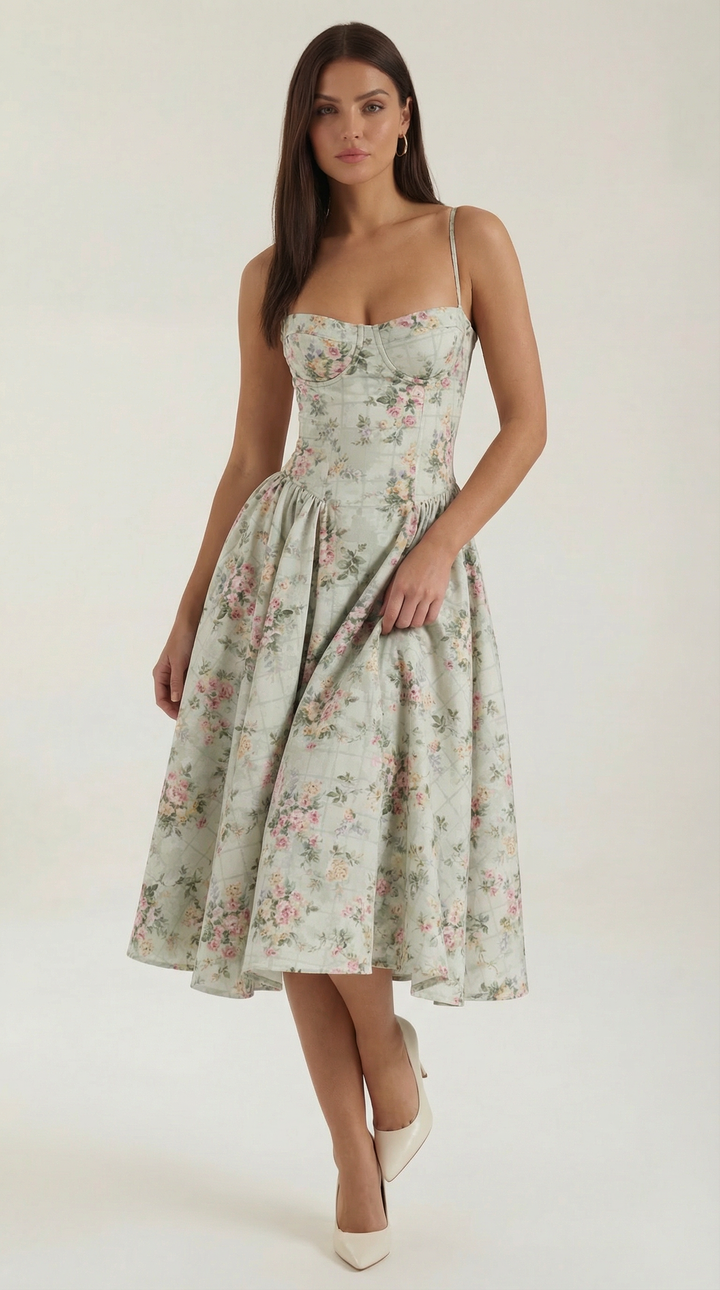 Patrice – Midikleid mit Blumenmuster und Korsett-Design