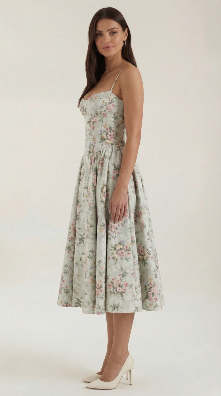 Patrice – Midikleid mit Blumenmuster und Korsett-Design